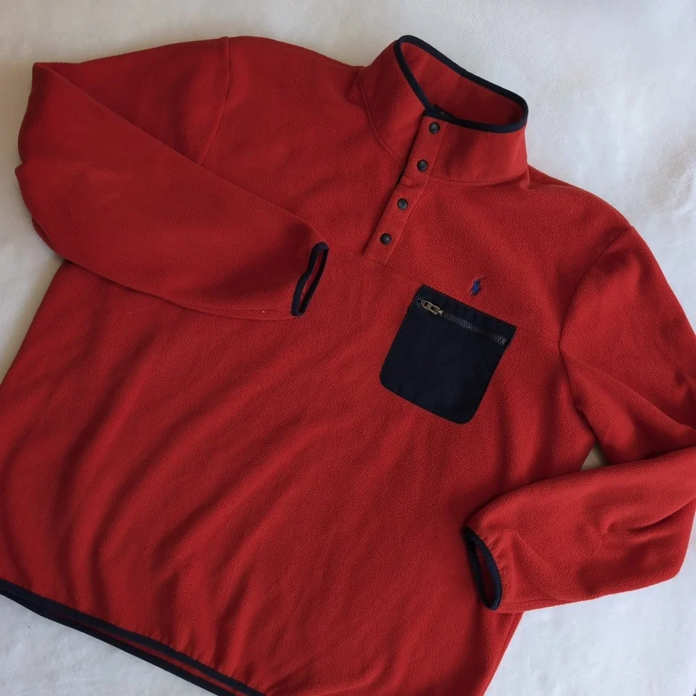 Polo Ralph Lauren Fleece Pullover Mens XXL Red Navy Snap Mock Neck Pocket